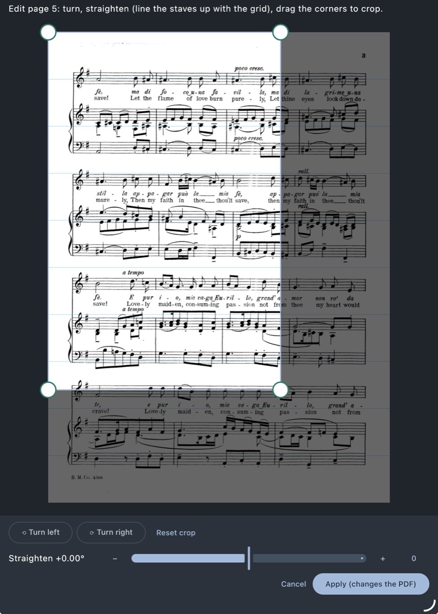 Edit page: a scanned page with crop handles, turn buttons and a straighten slider
