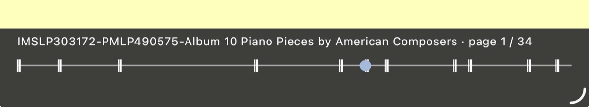The page slider along the bottom, with a barline at the start of each file in the setlist