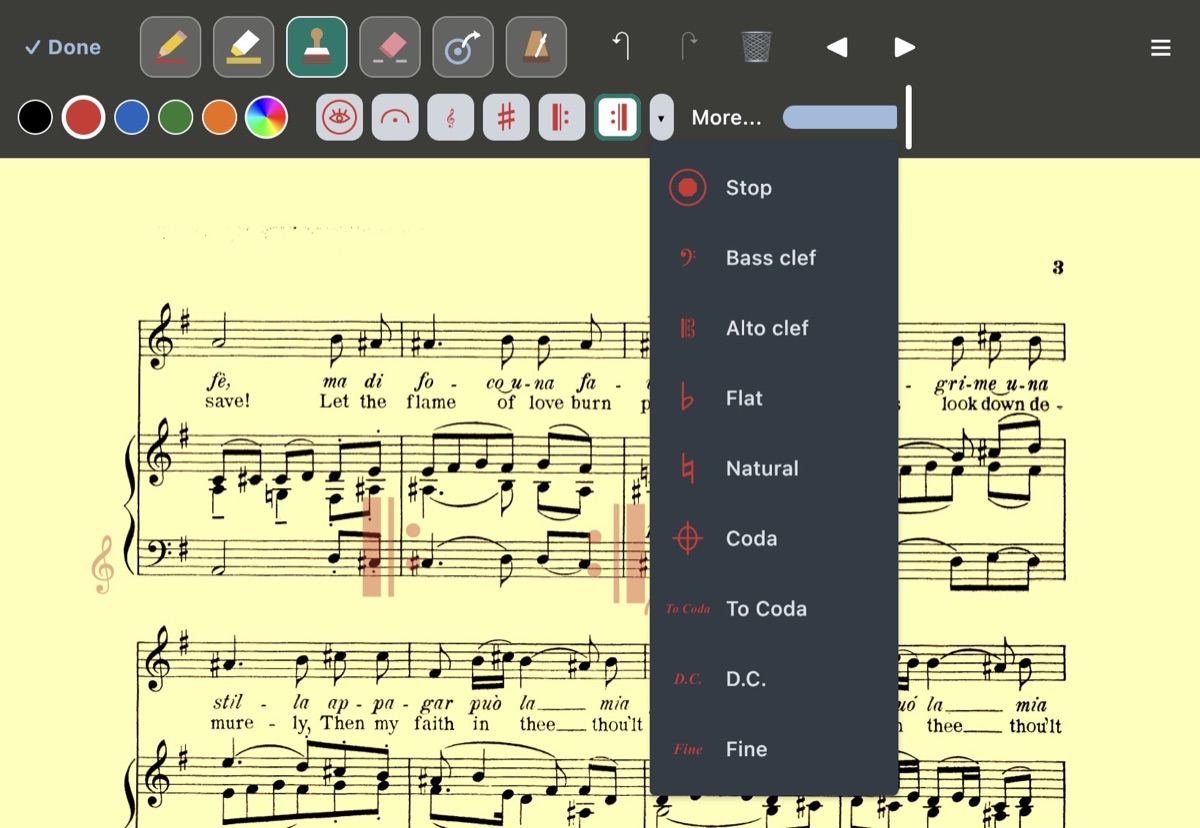 The stamp menu open with clefs, accidentals, coda and repeat signs placed on the page